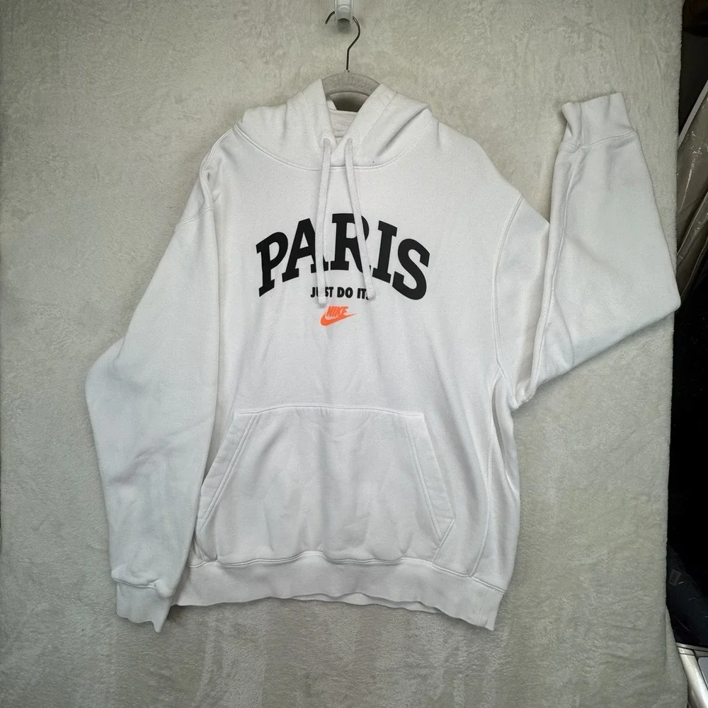 Nike Paris Hoodie Men's L White Just Do It Pullover Fleece Graphic Sweatshirt